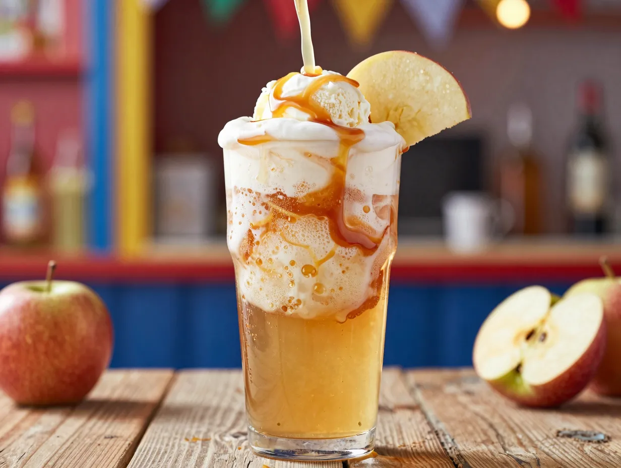 Spiked hard cider caramel apple float in tall glass