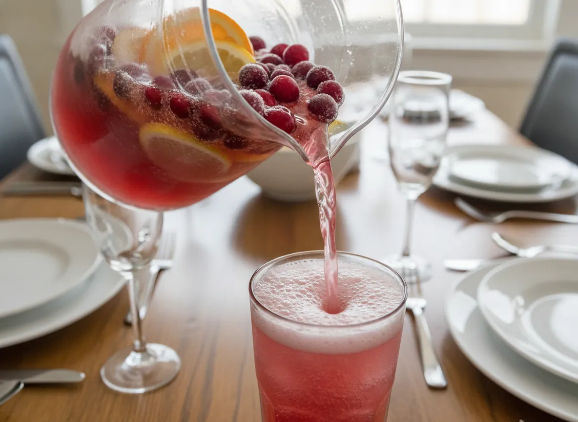 Tart citrus cranberry fizz punch in pitcher with ice