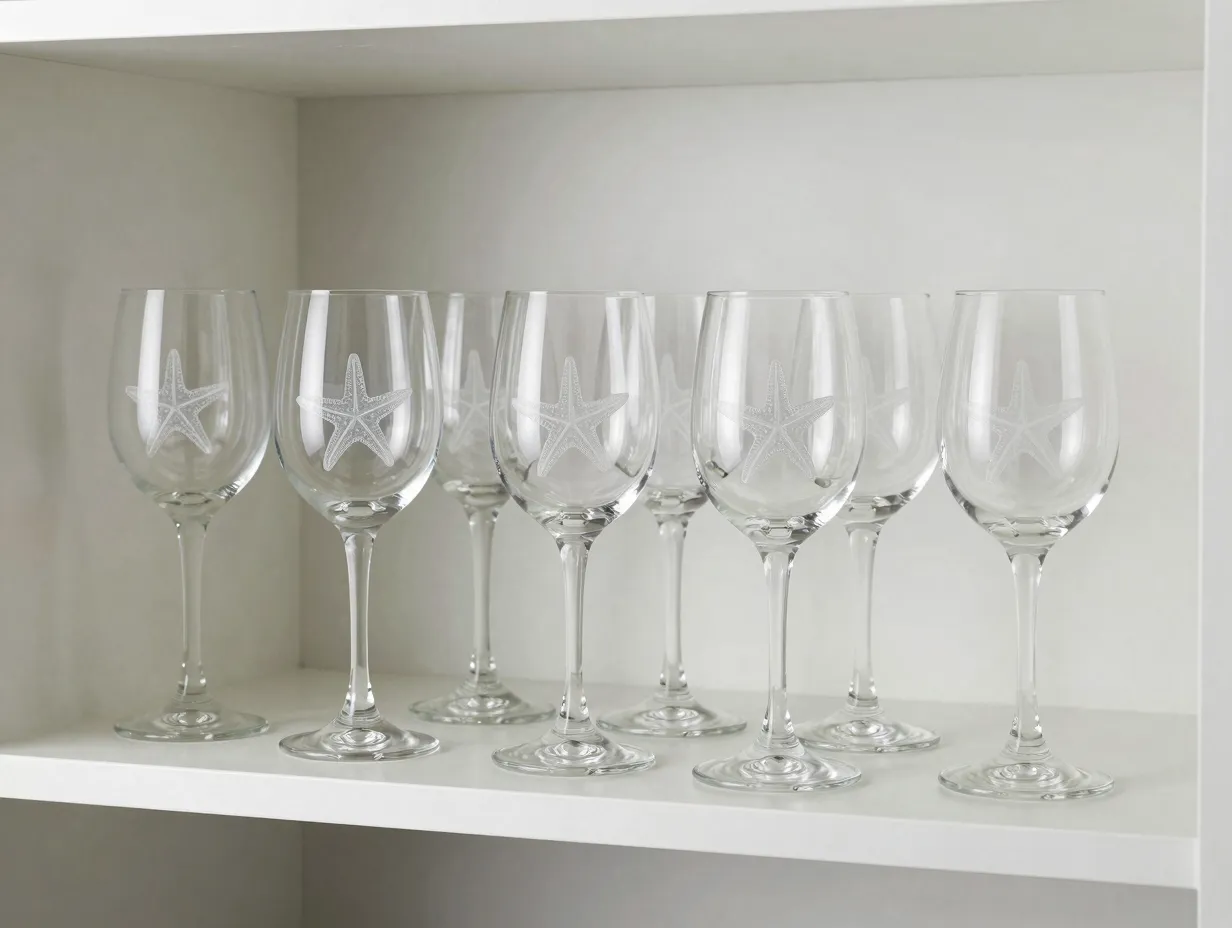 Diamond wheel engraved starfish motif modern coastal glassware