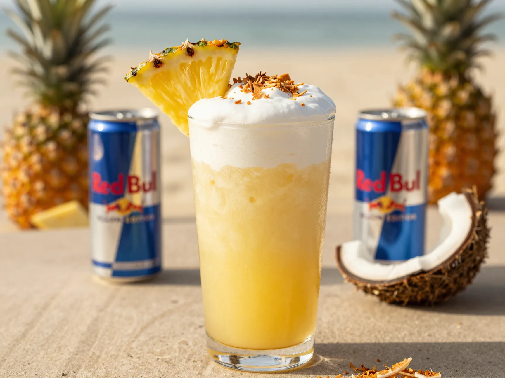 Pineapple coconut cream red bull infusion with toasted coconut