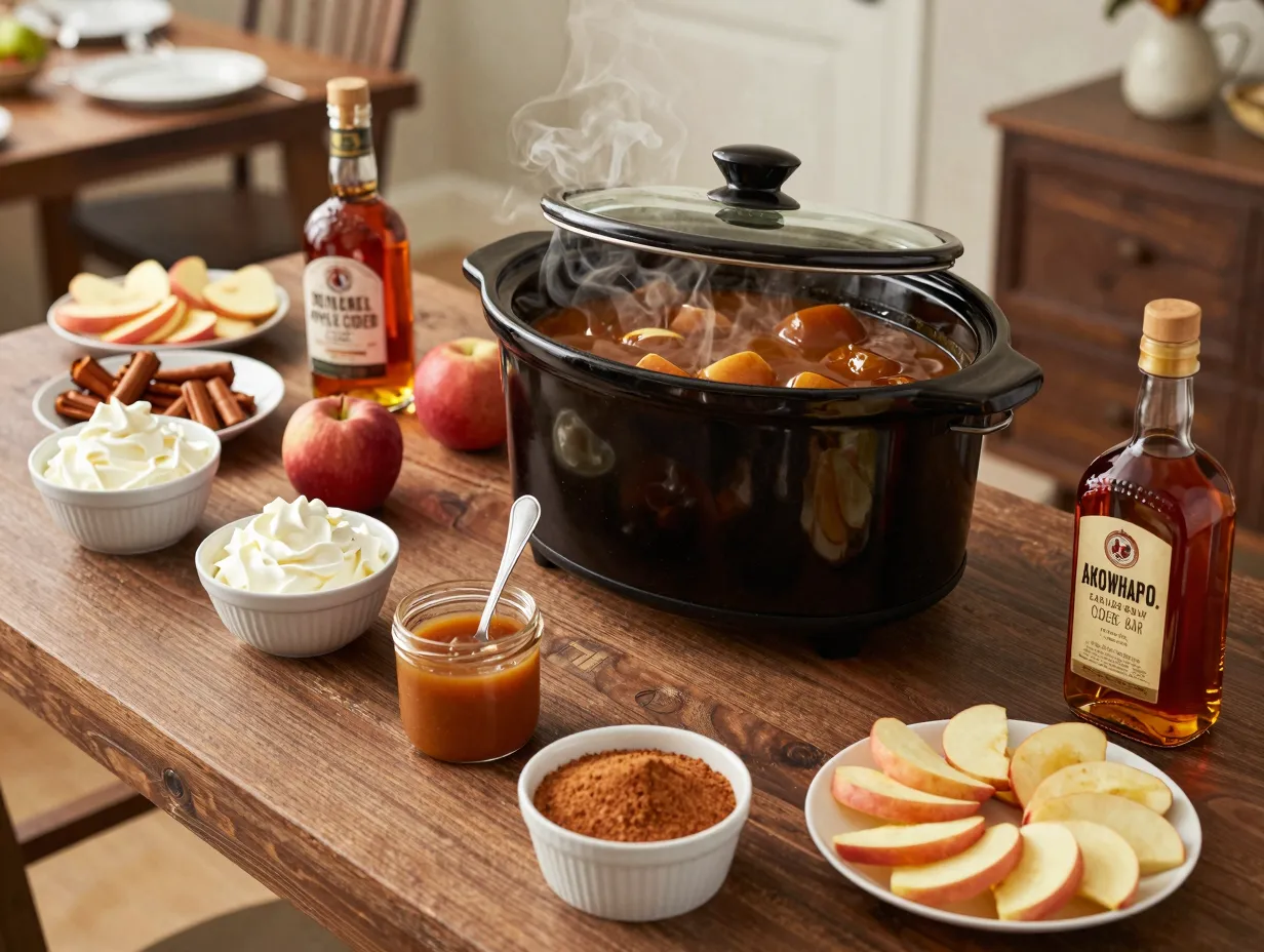 Slow cooker caramel apple cider bar topping station