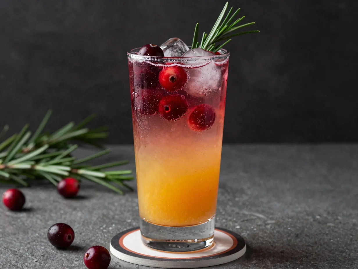 Sparkling ginger cranberry mocktail with rosemary garnish