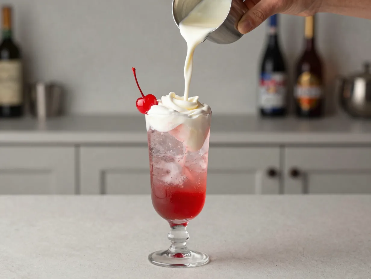 Cherry vanilla italian soda style red bull with cream splash