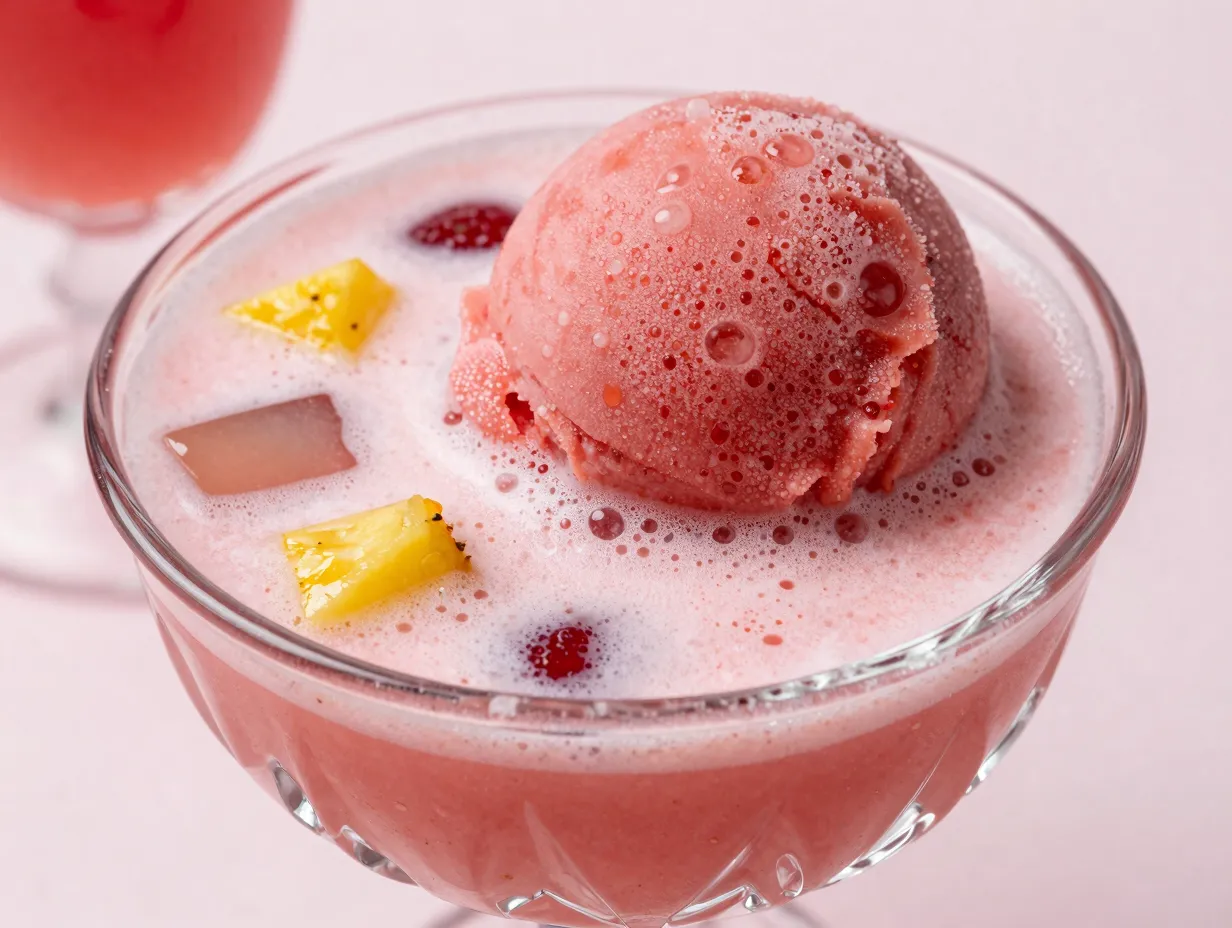 Deep pink strawberry sherbet punch with lemonade