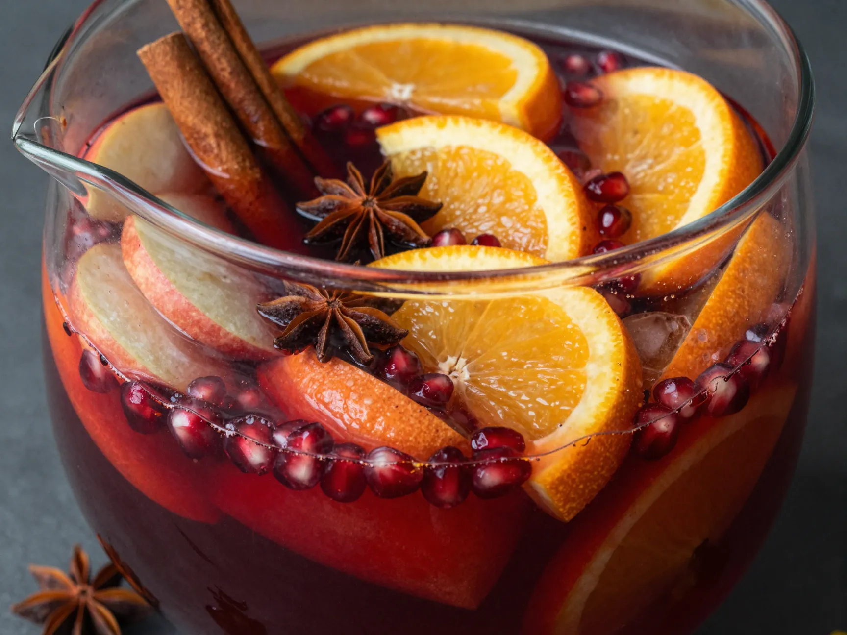 Overnight spiced holiday sangria with fresh fruit in pitcher