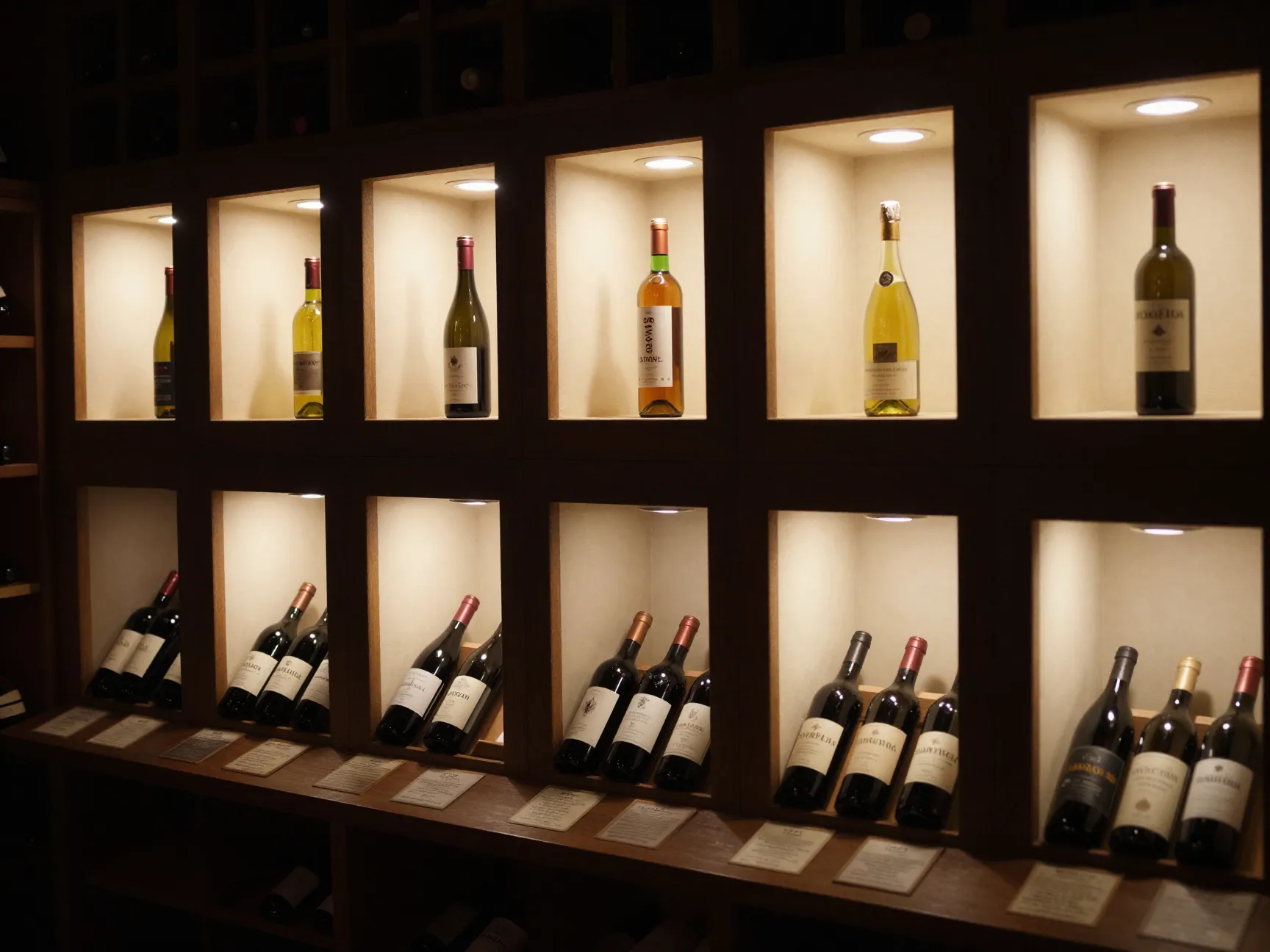 Showcase wine room with illuminated niches for trophy bottle display