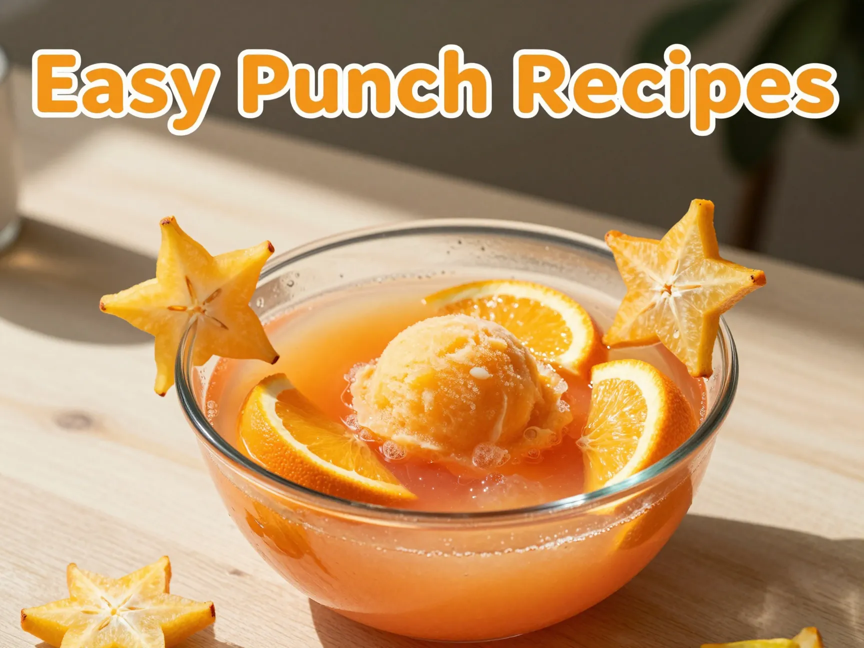 A large bright orange sherbet punch in glass bowl fresh fruit slices