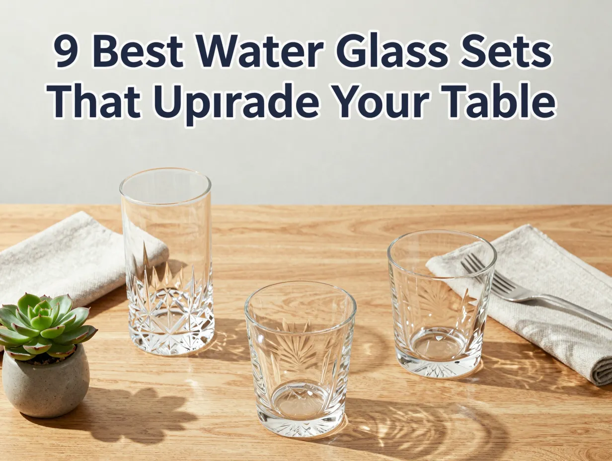 Crystal tempered artisan glass trio on wood table with linen napkins