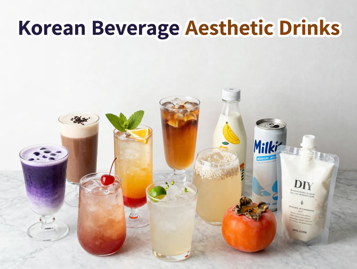 Korean aesthetic drinks ube latte sikhye flatlay marble social media