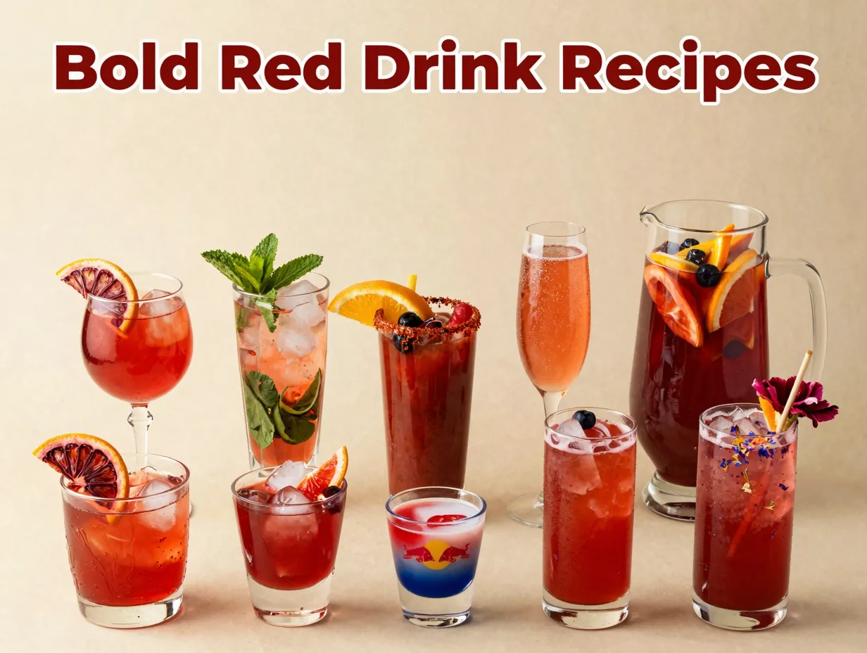 Nine bold red cocktails varied glasses garnishes festive flat lay