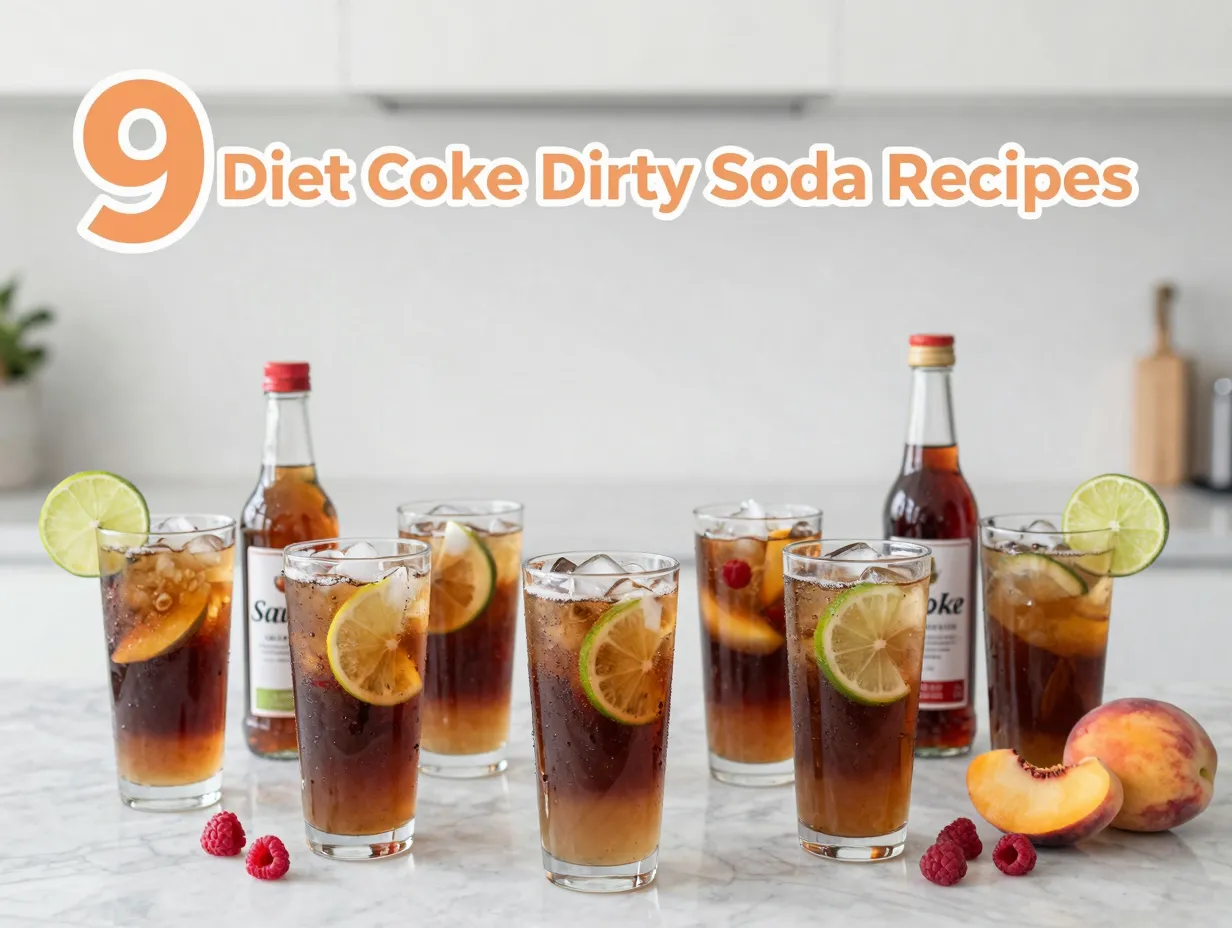 Nine glasses diet coke syrups lime raspberries peach slices