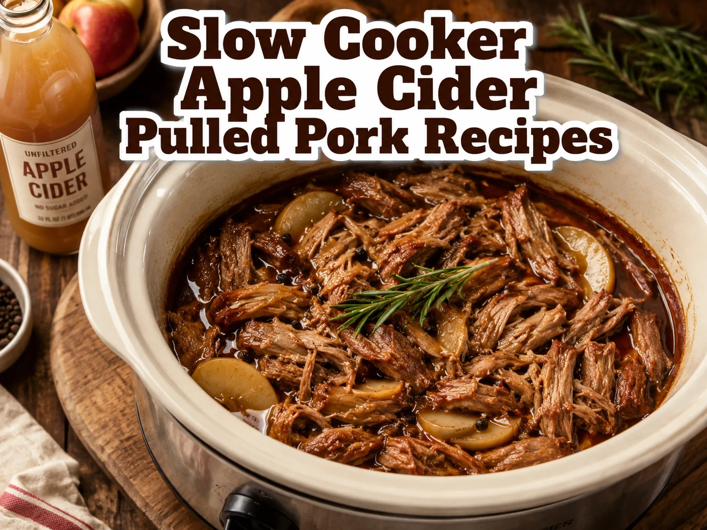 Overhead slow cooker shredded pork apple cider glaze
