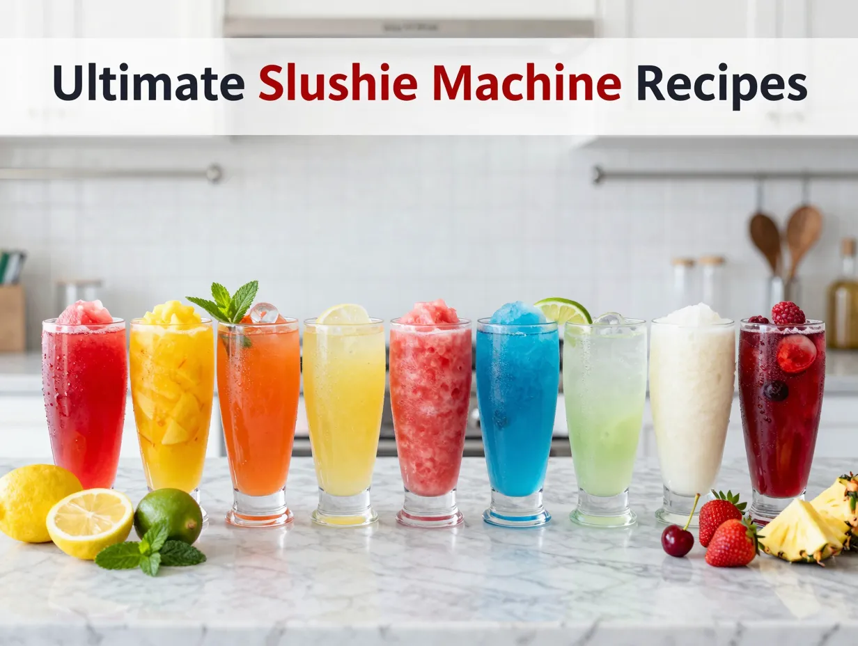 Vibrant slushie glass gradient row fresh ingredients flat lay