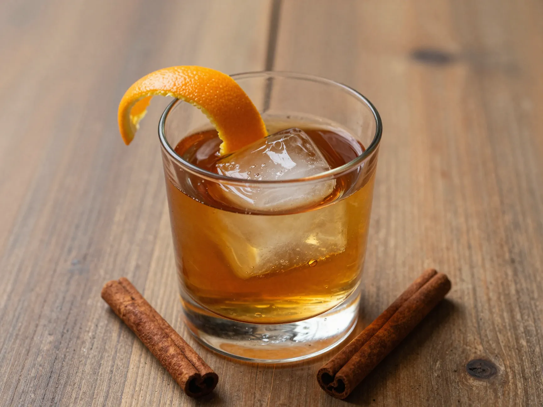 Apple cider old fashioned bourbon garnished with orange and cinnamon