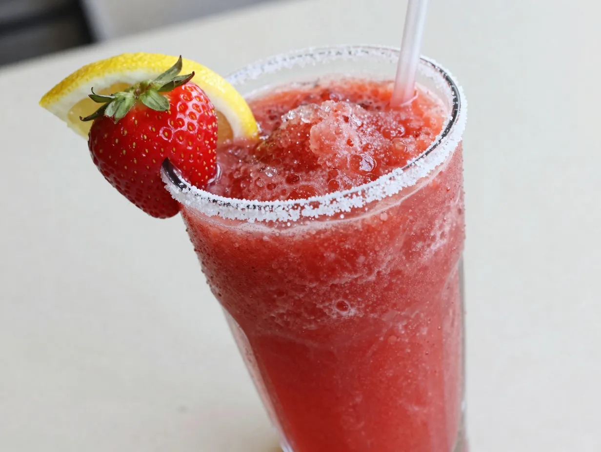 Classic strawberry lemonade slushie in clear glass with sugared rim garnish