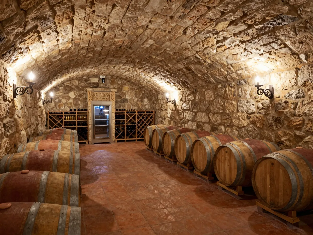 Stone vault wine cellar with barrel arch limestone walls