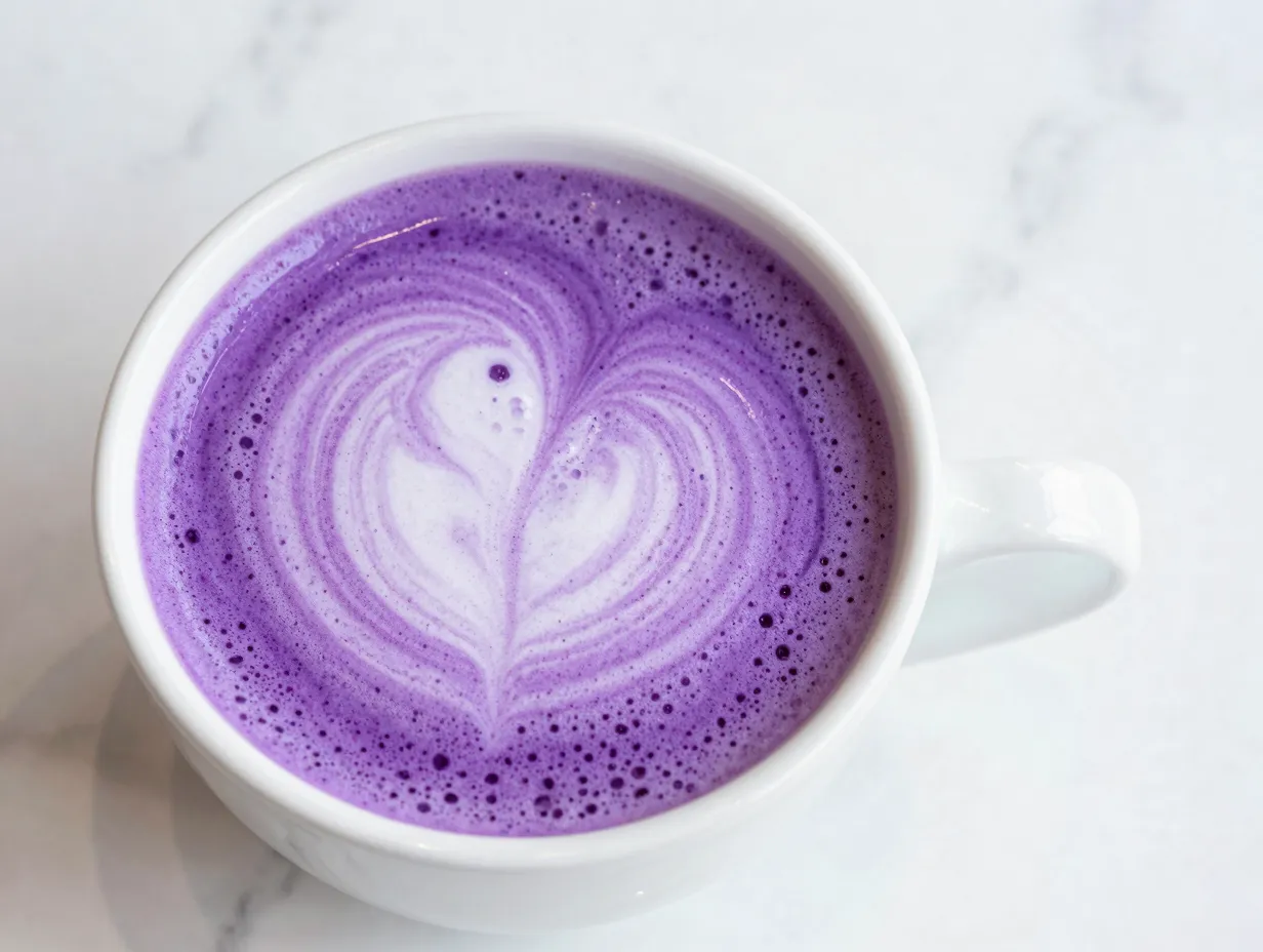 Vibrant ube latte in white cup on marble cafe table
