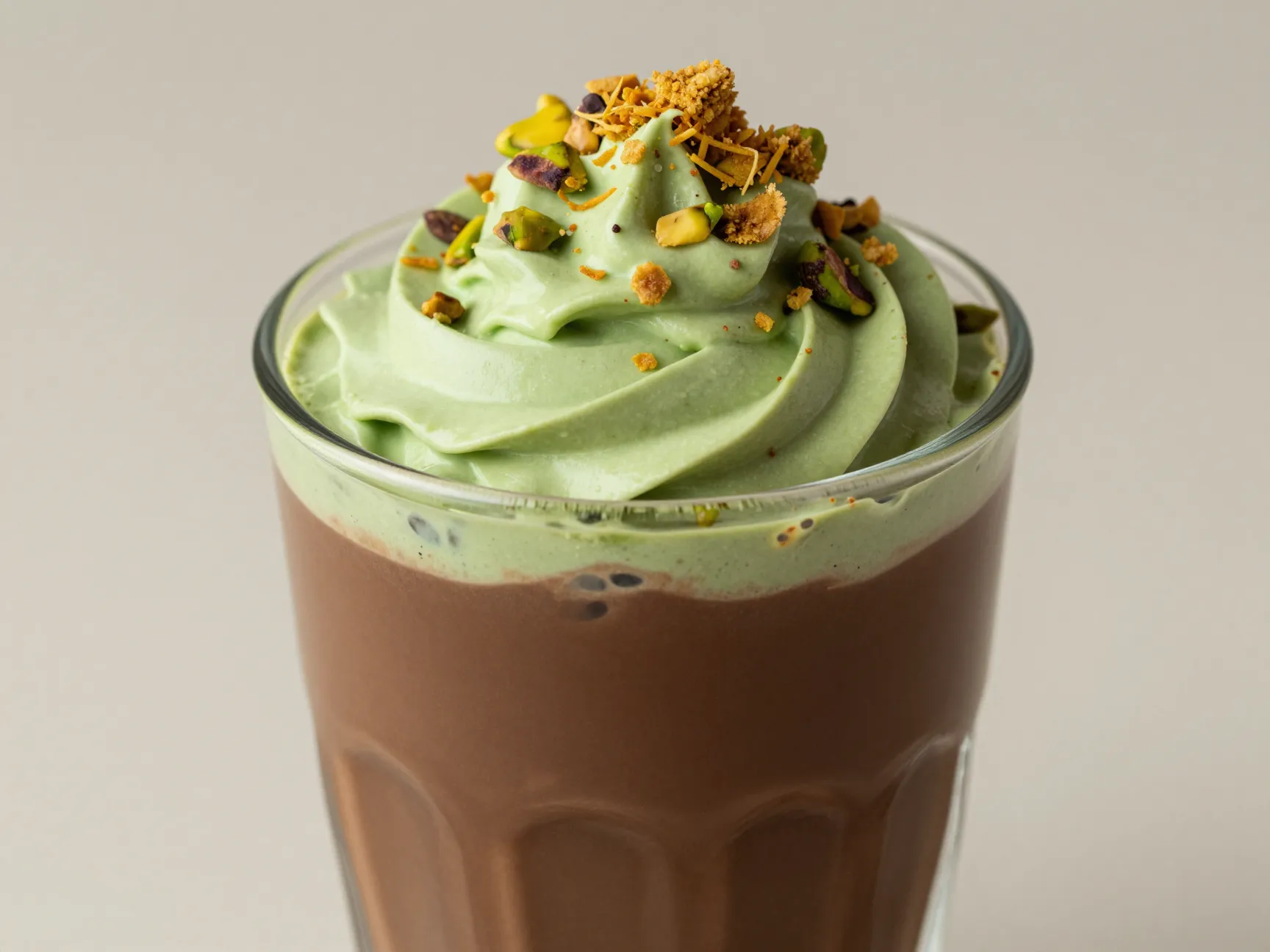 Dubai chocolate drink with pistachio cream swirl and topping