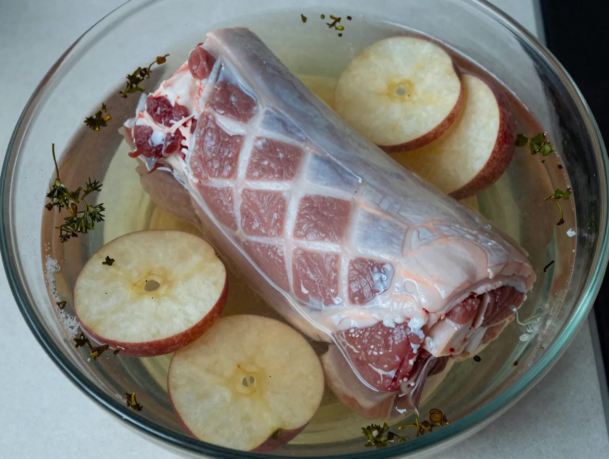 Pork shoulder soaking in apple cider vinegar brine overnight