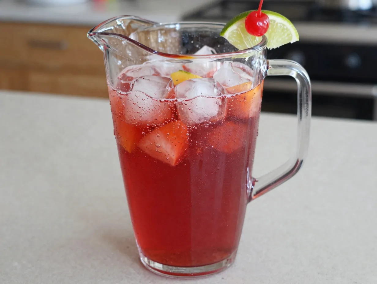 Red celebration punch in pitcher with fruit juice and ginger ale