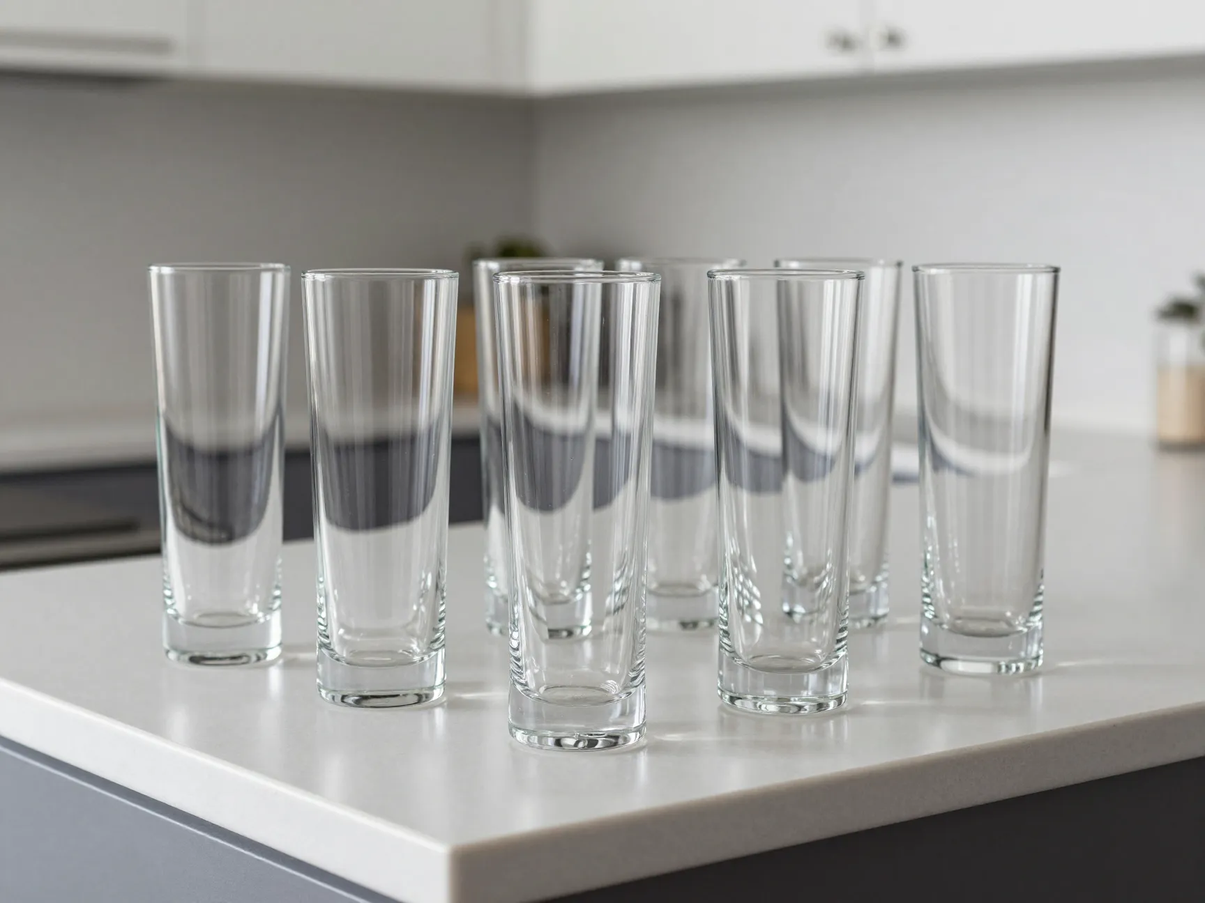 Six tall clear highball crystal glasses on contemporary kitchen counter