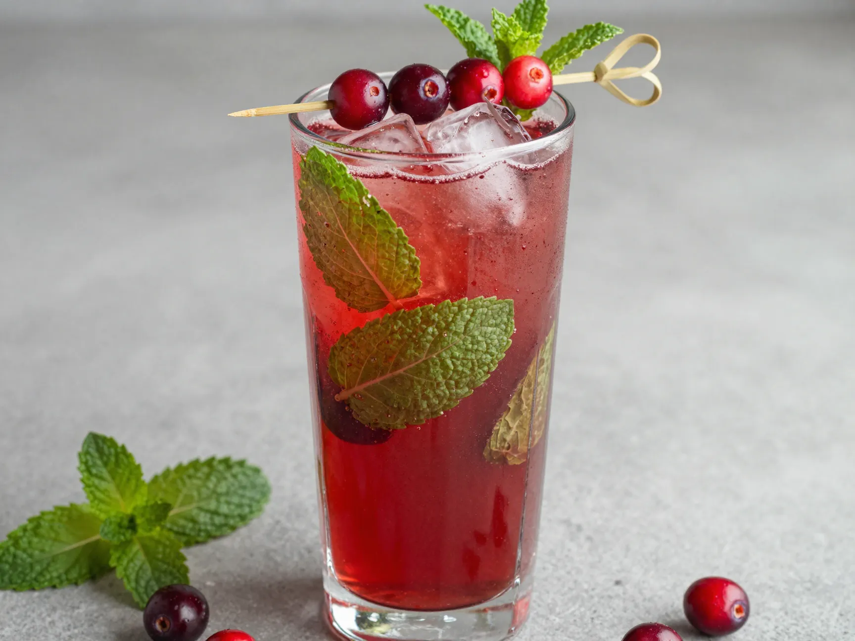 Sparkling cranberry mojito highball garnished mint cranberries