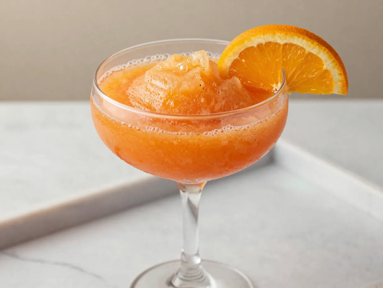 Aperol spritz slushie in coupe glass with orange slice garnish