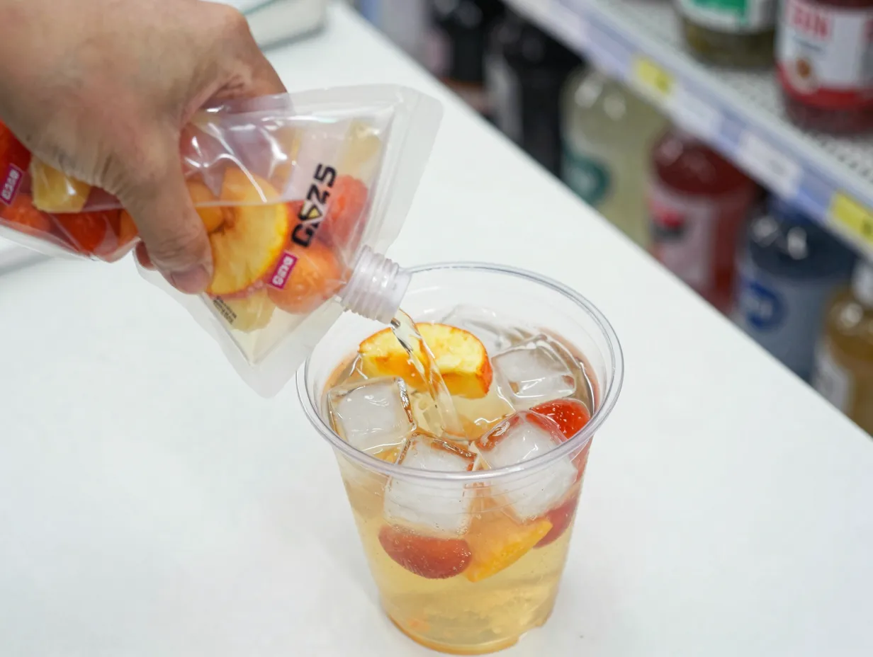 Convenience store pouch drink mixing over ice in clear cup