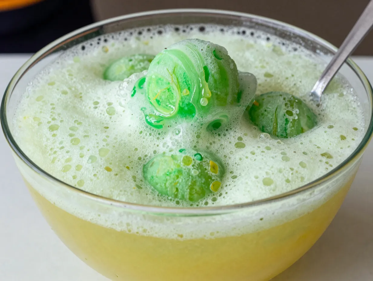 Green slime sherbet punch foaming in a large bowl