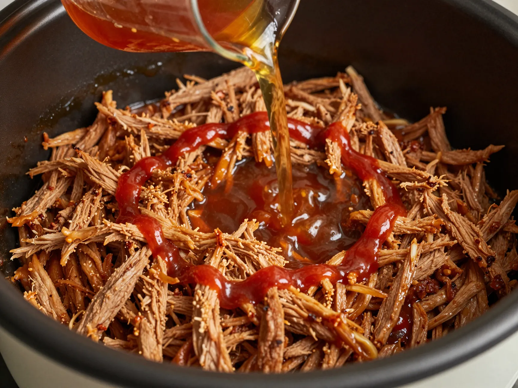 Shredded pork tossed in glossy homemade apple cider bbq sauce