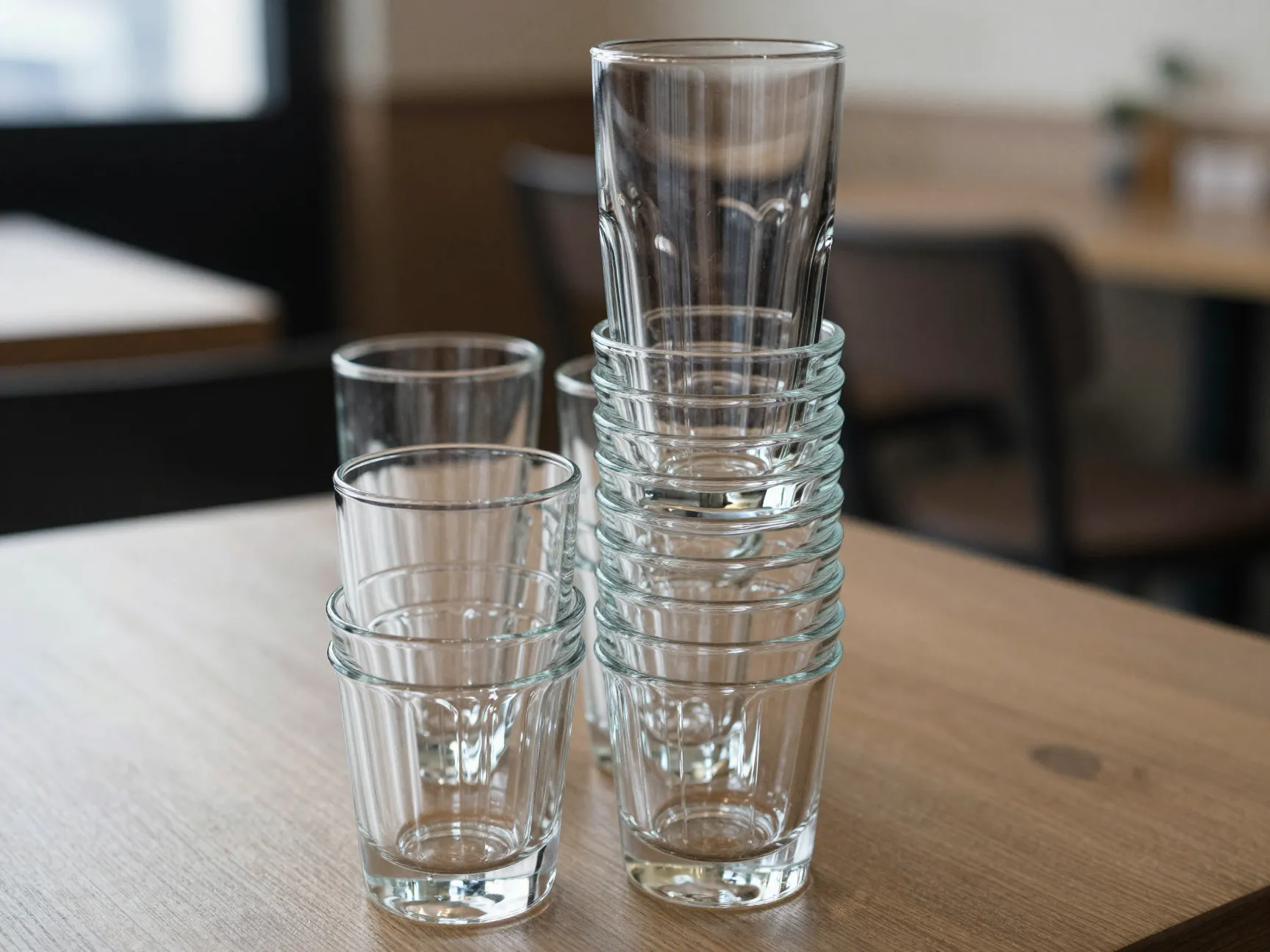 Stack of clear tempered glass tumblers on bistro style cafe table