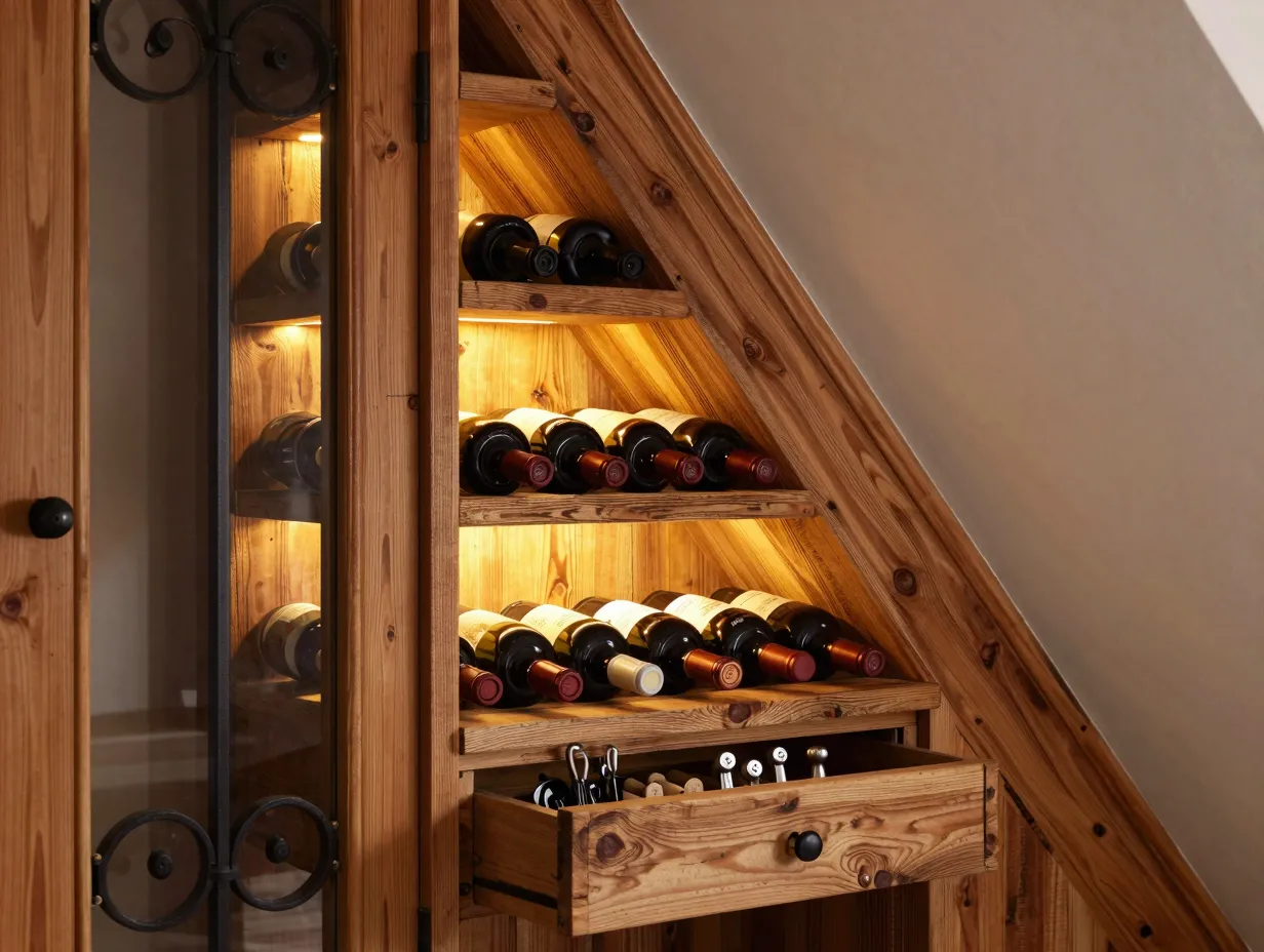 Under stair wine nook with angled reclaimed wood shelving