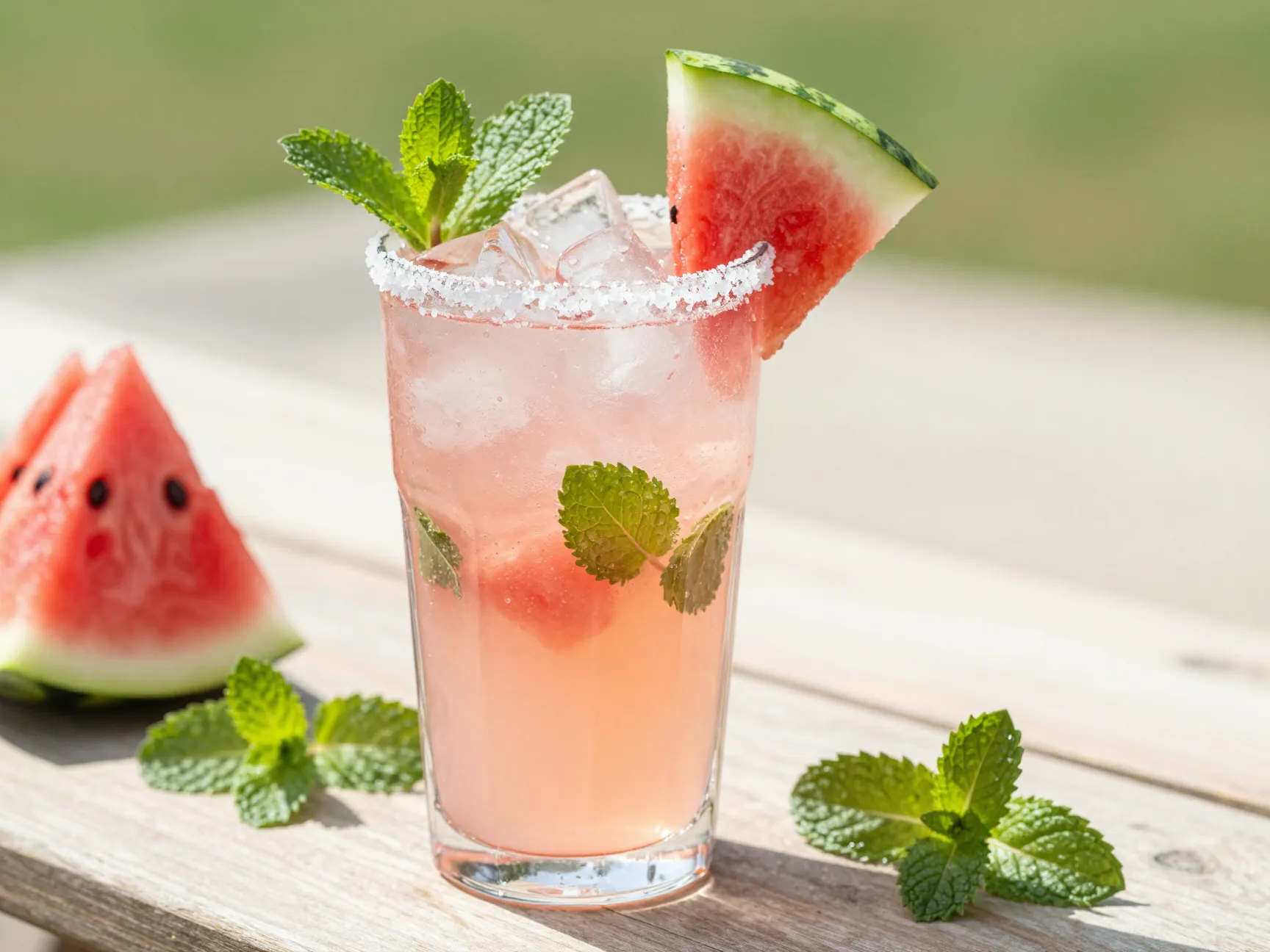 Watermelon mojito glass with flaky salt rim