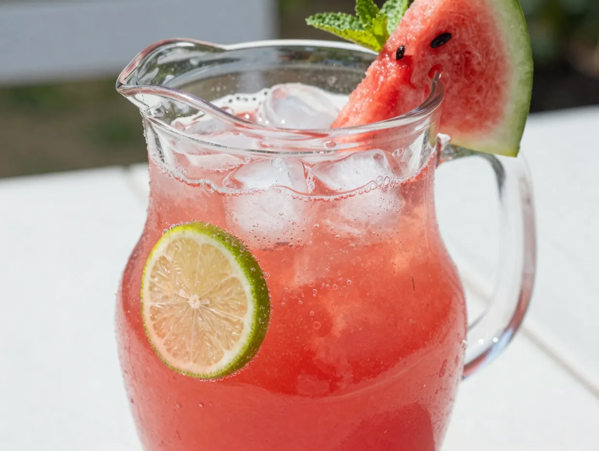 Clear pitcher of watermelon punch with ice and lime slices