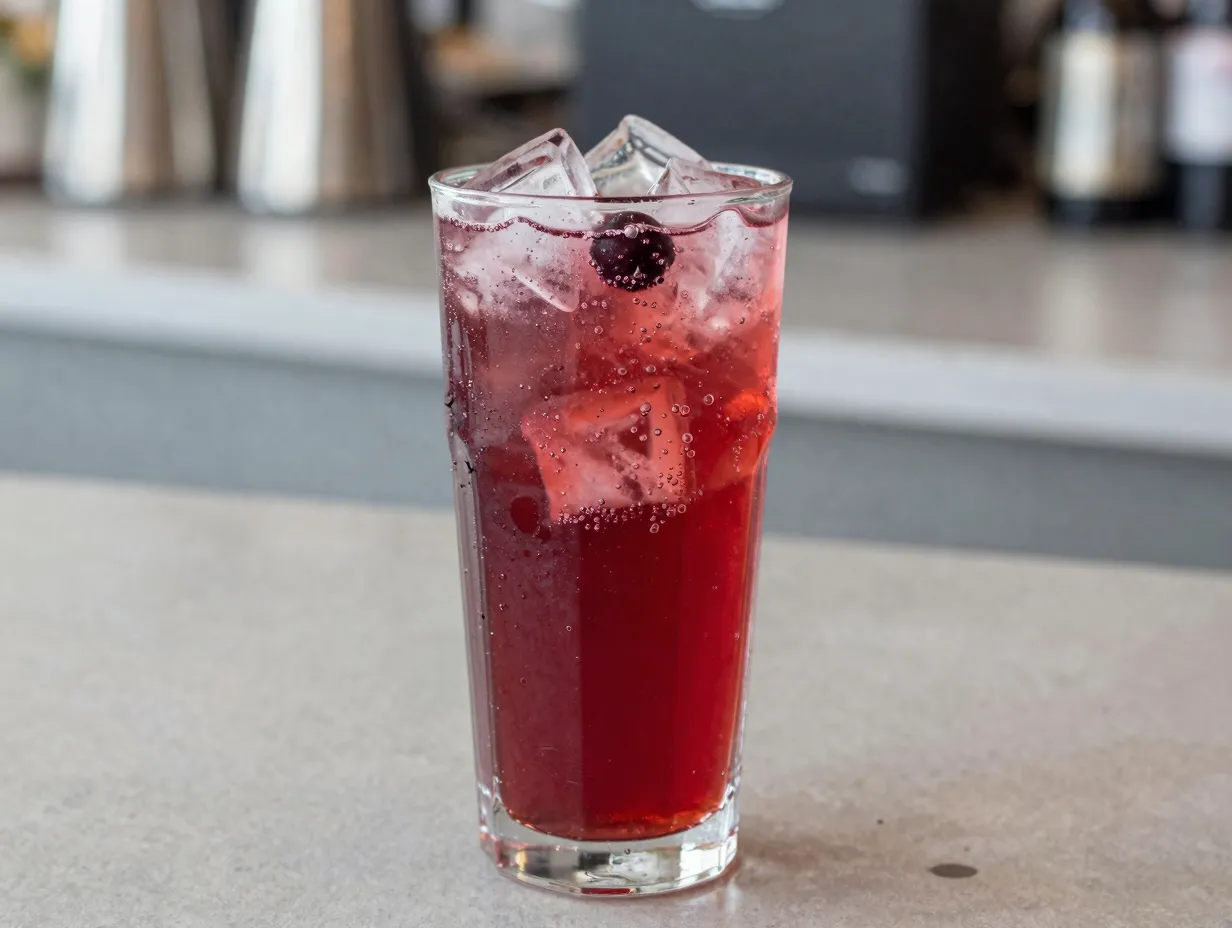 Deep red pink omija tea fizz in tall glass with ice