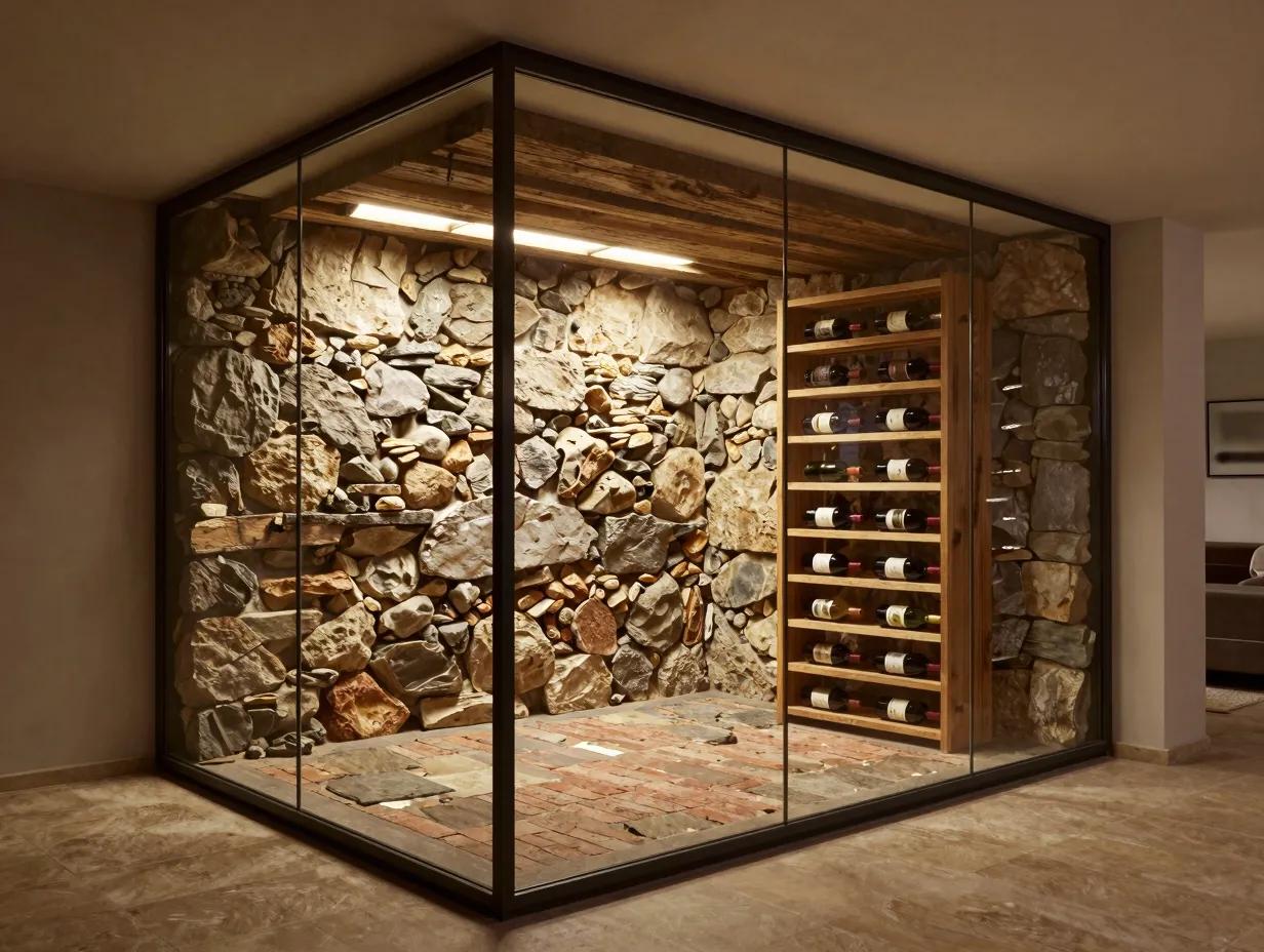 Glass enclosed rustic cellar with visible stone interior