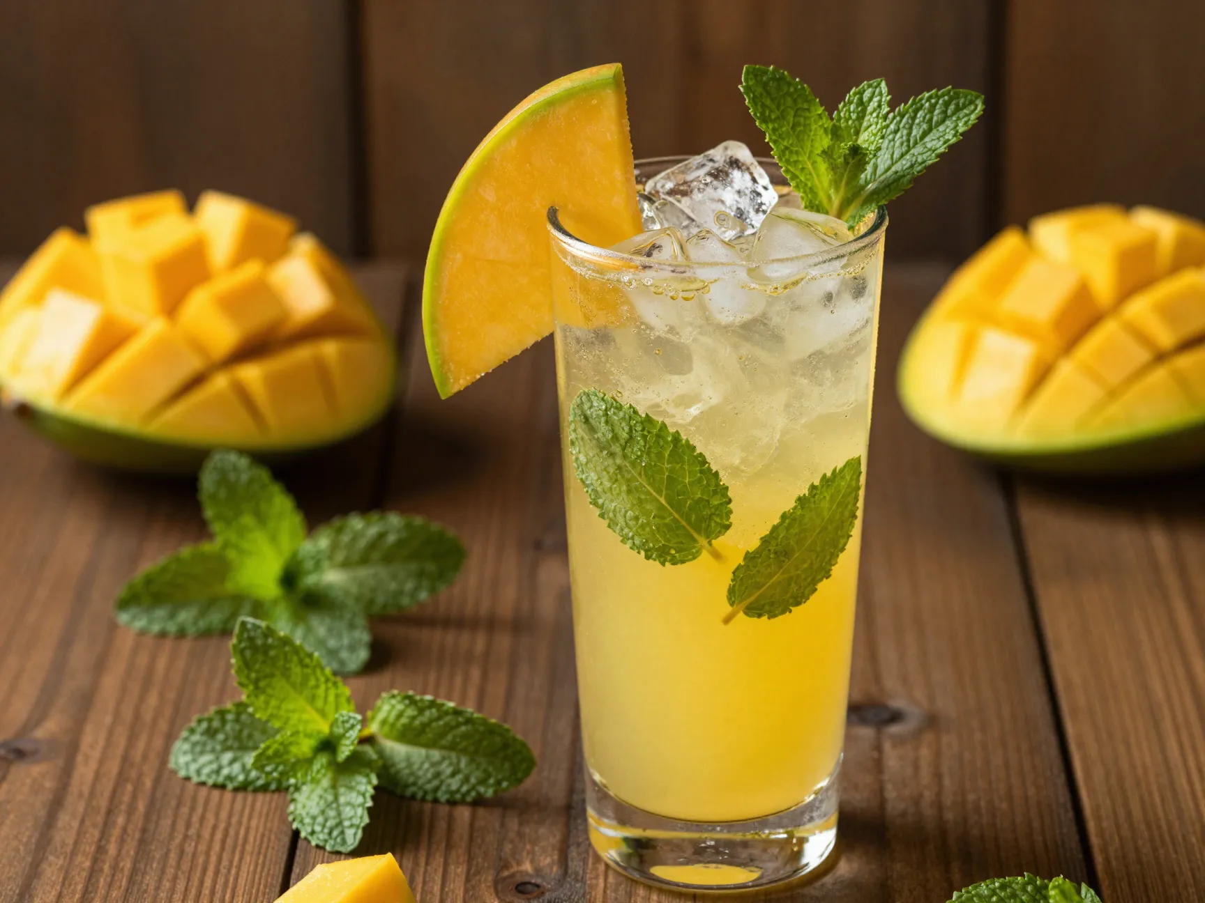 Mango mojito glass with mango slice garnish