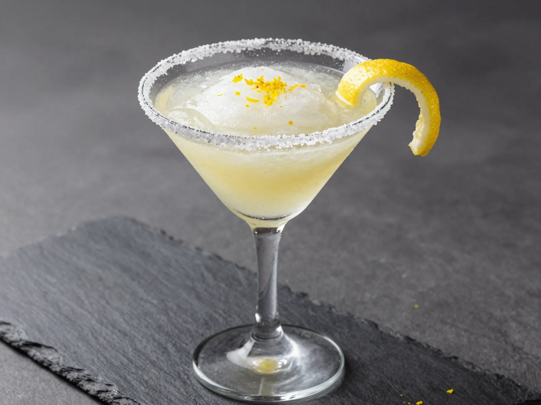 Ninja slushi lemon drop cocktail with superfine sugar lemon zest rim
