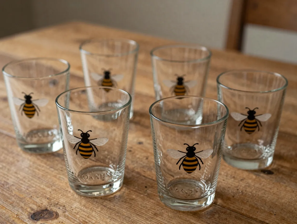 Six embossed bee design water glasses on rustic farmhouse dining table