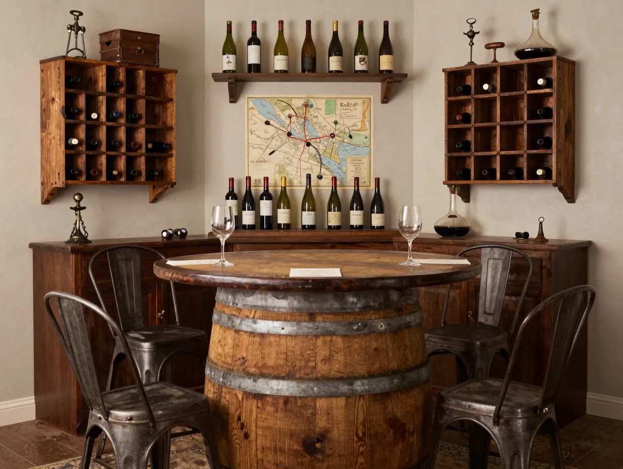 Barrel accented tasting room with antique wine accessories