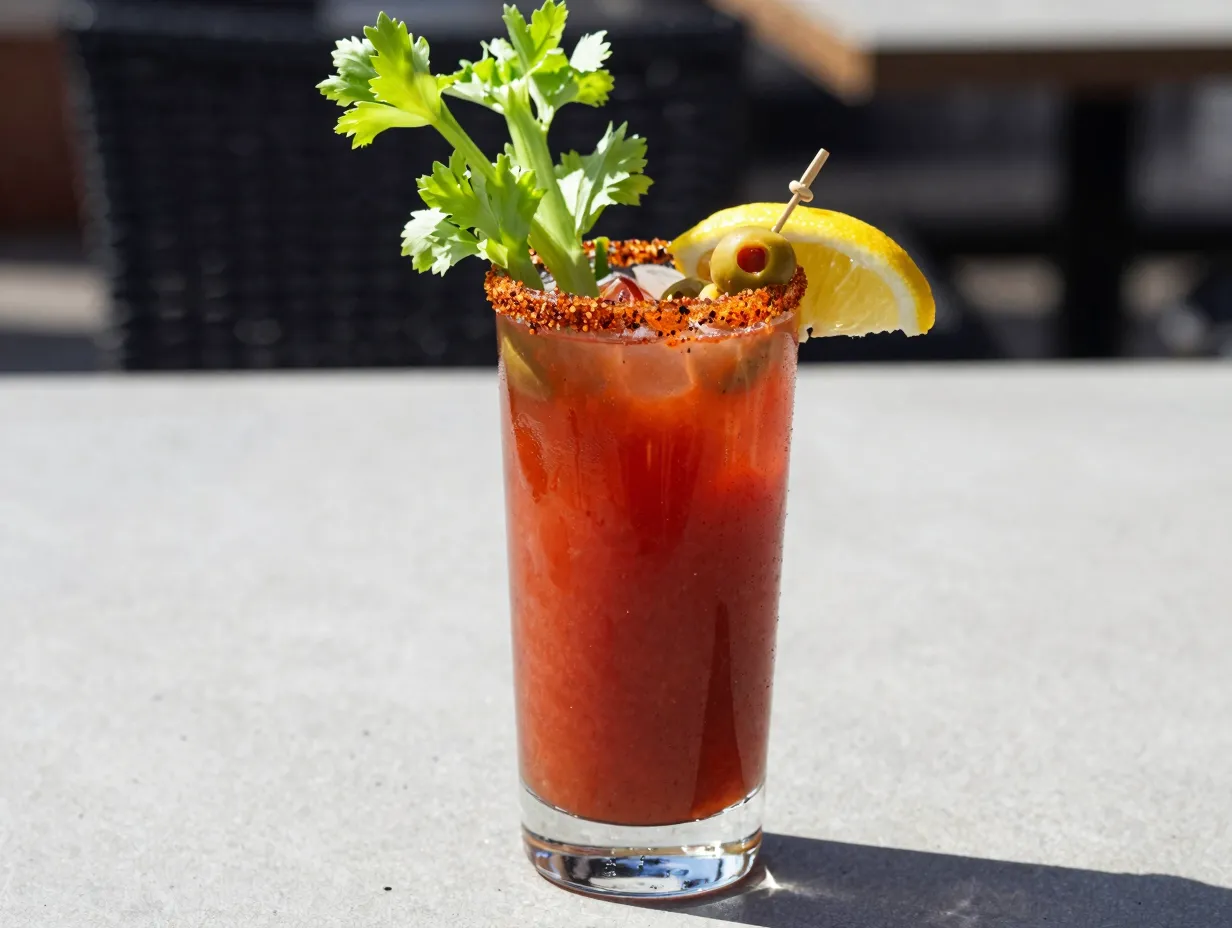 Classic bloody mary smoked paprika rim garnished celery lemon