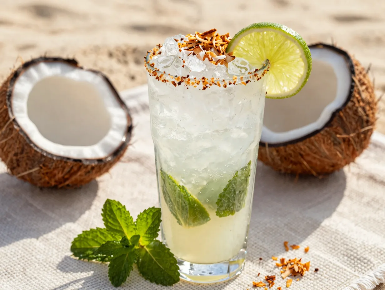 Coconut mojito glass with toasted coconut flakes