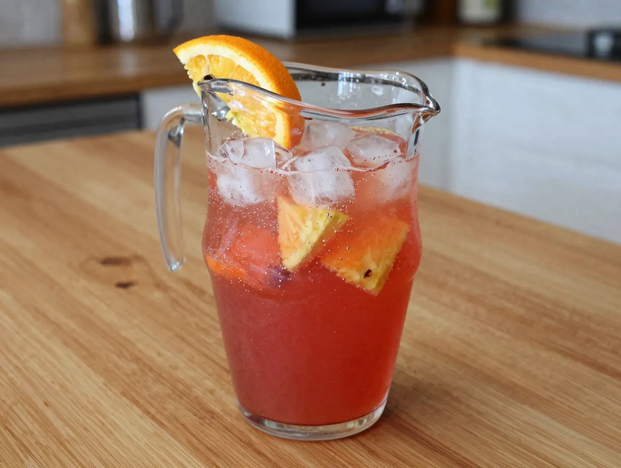 Simple red fruit punch with pineapple and ginger ale in a pitcher