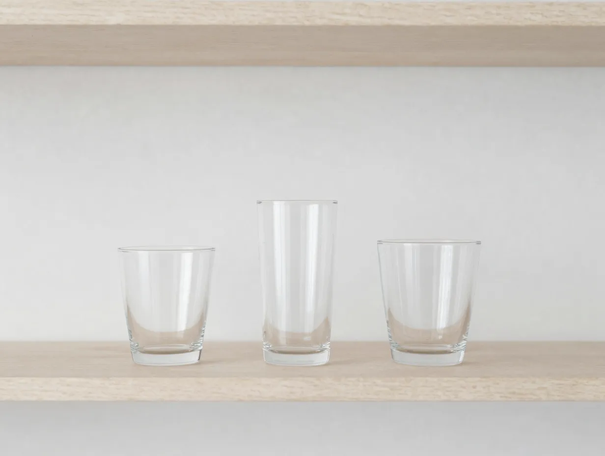 Three minimalist clear glass tumblers of different sizes on light shelf