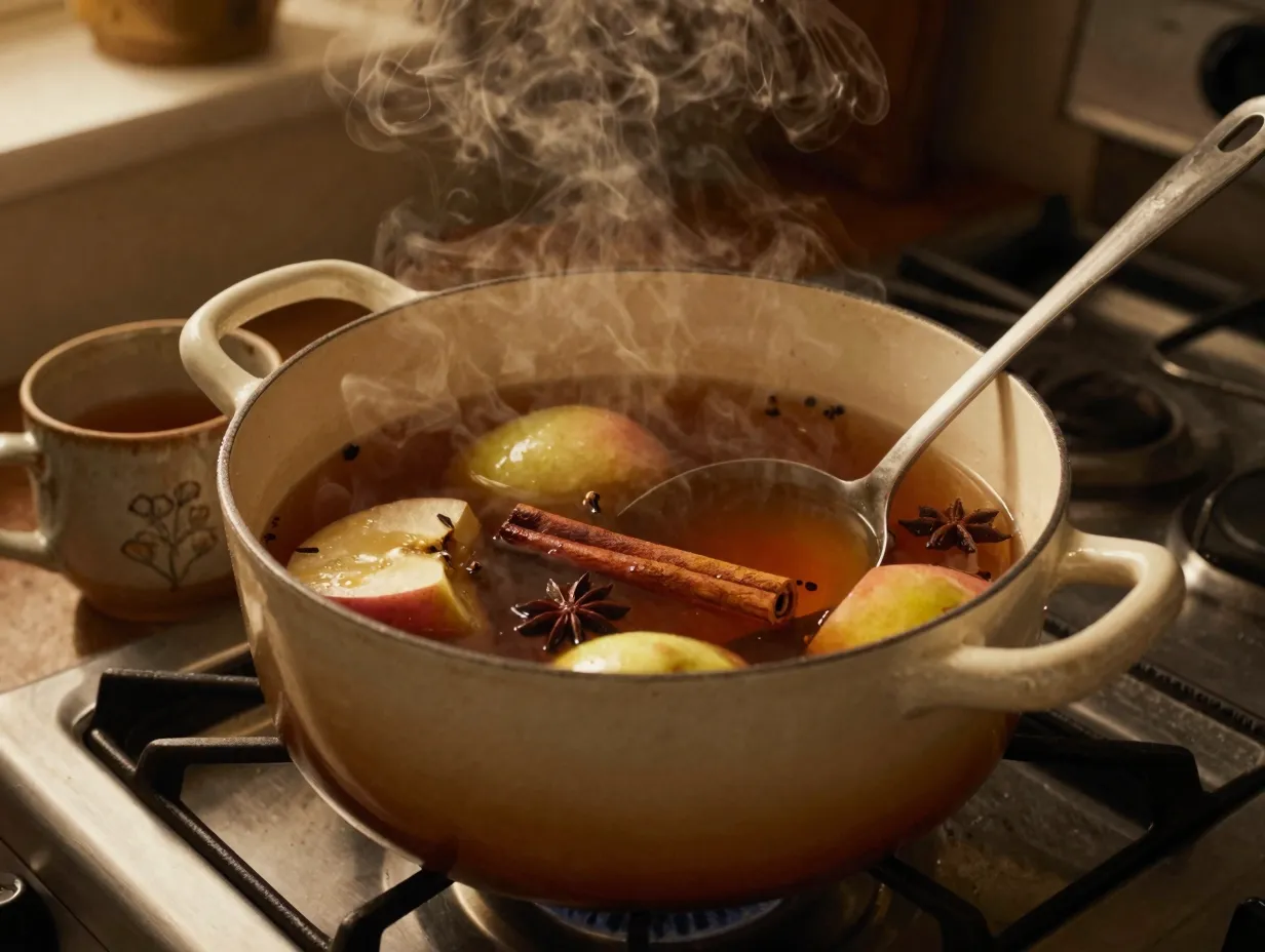 Warm spiked apple cider simmering in pot with cinnamon