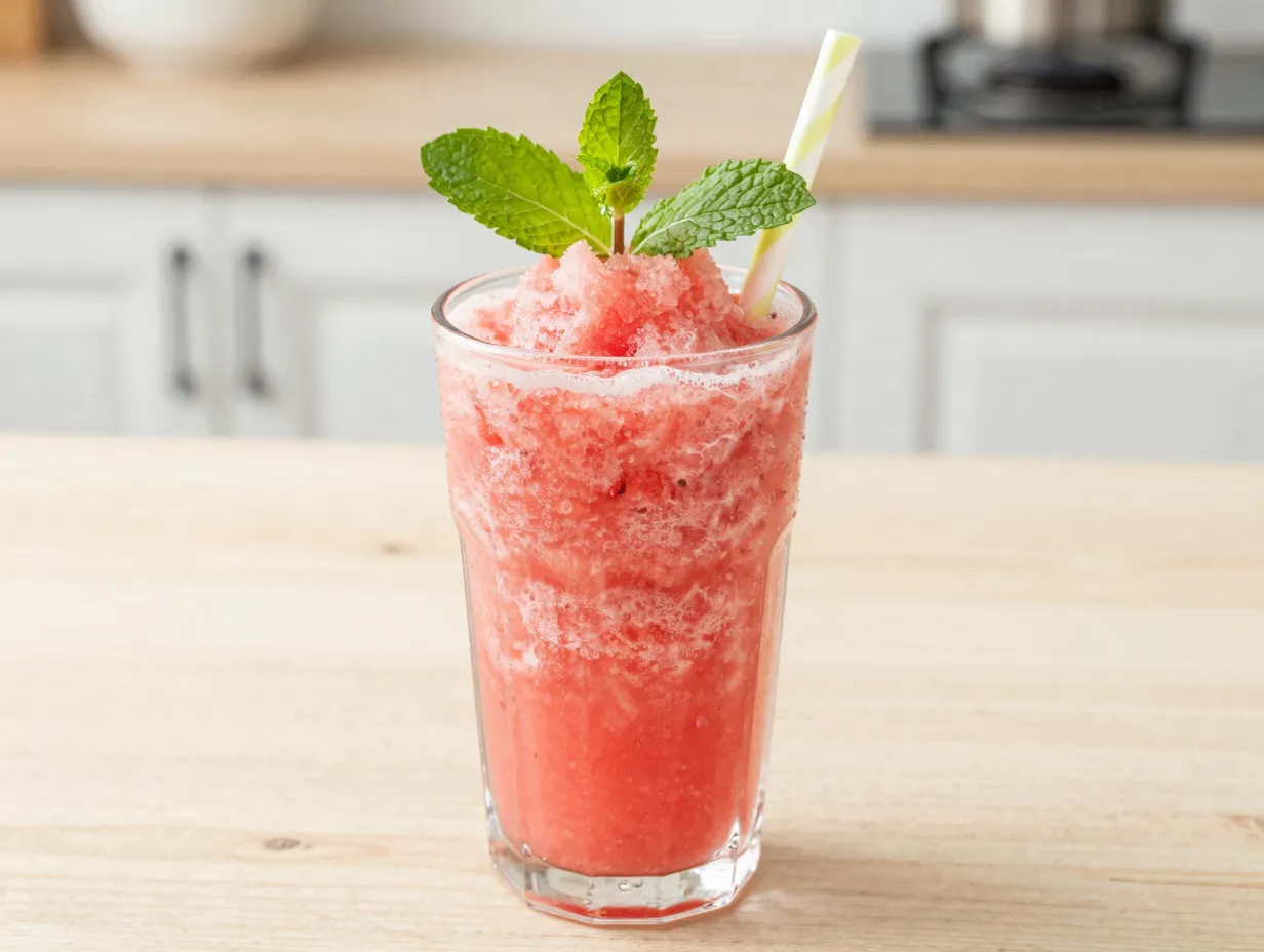 Watermelon mint slushie in glass with fresh mint sprig garnish