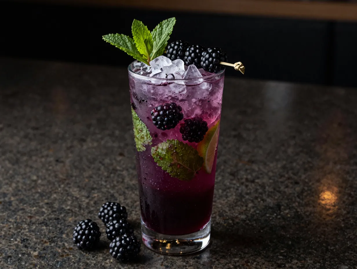 Blackberry mojito glass with deep purple color