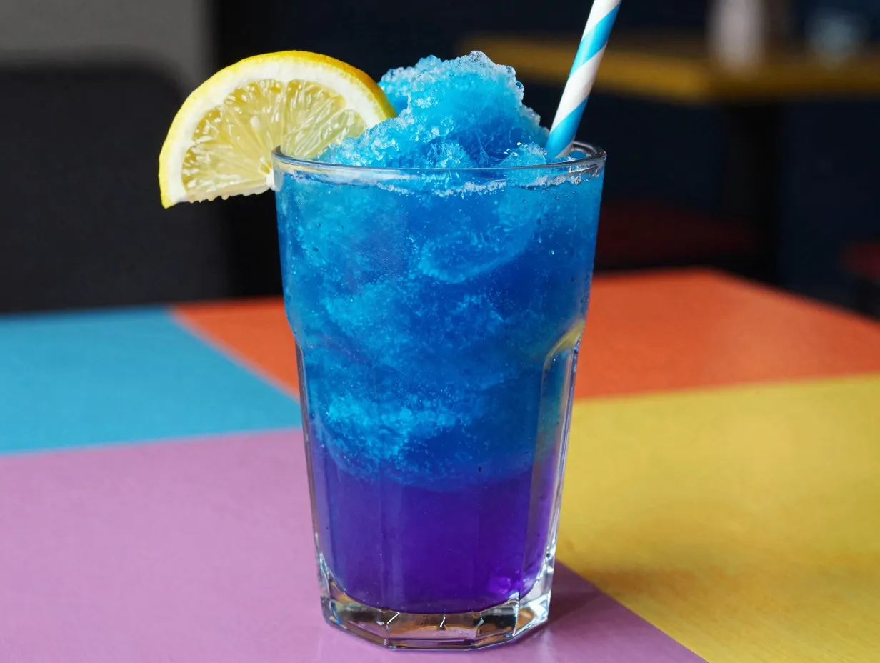 Blue raspberry lemonade slushie with vivid electric blue purple color