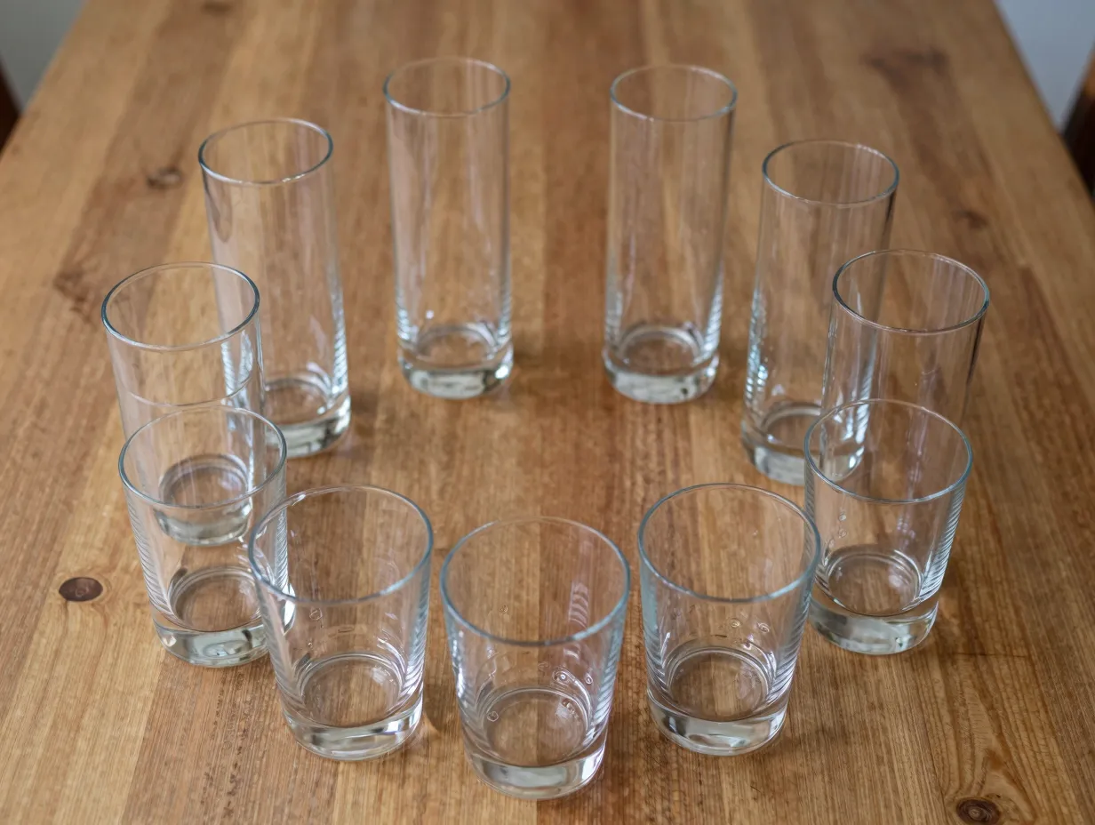 Collection of eight tall and eight short clear drinking glasses on table