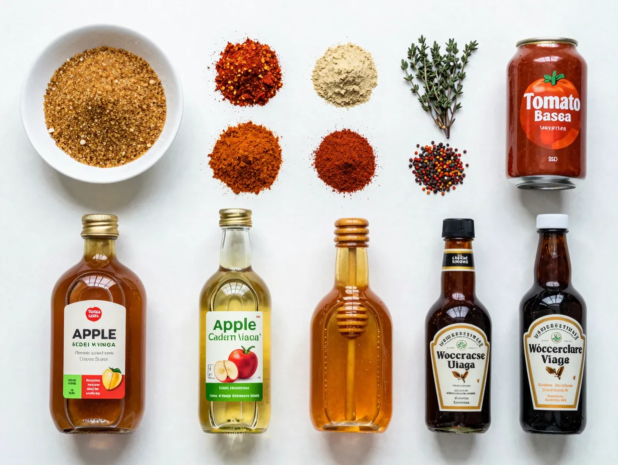 Homemade spice rub and barbecue sauce ingredients arranged